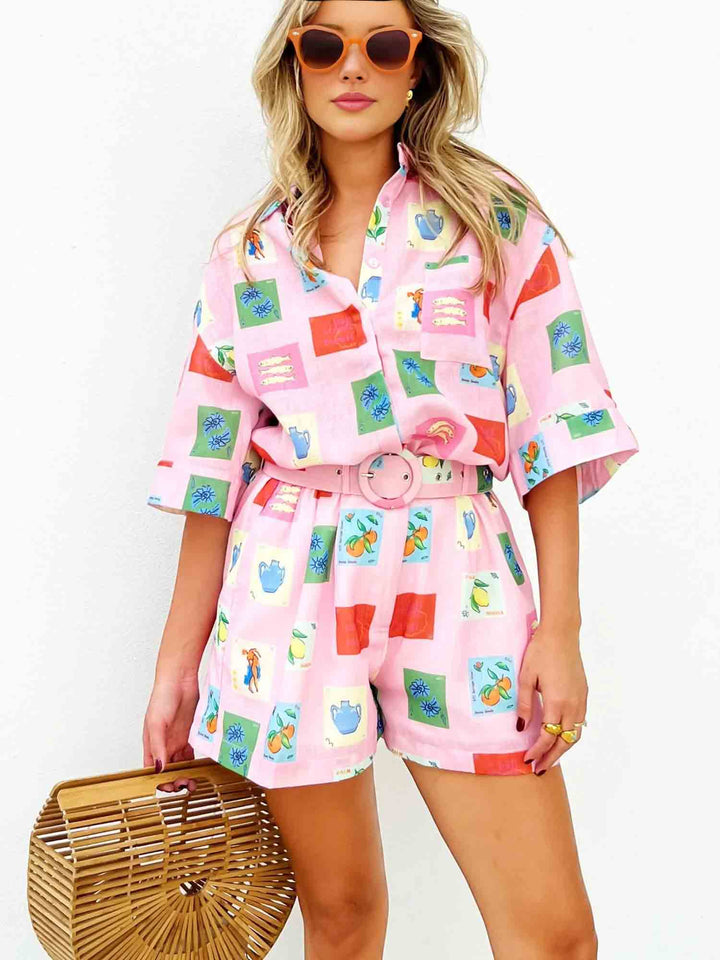 Women's colorful floral print blouse and matching shorts, an ideal summer outfit set for loungewear