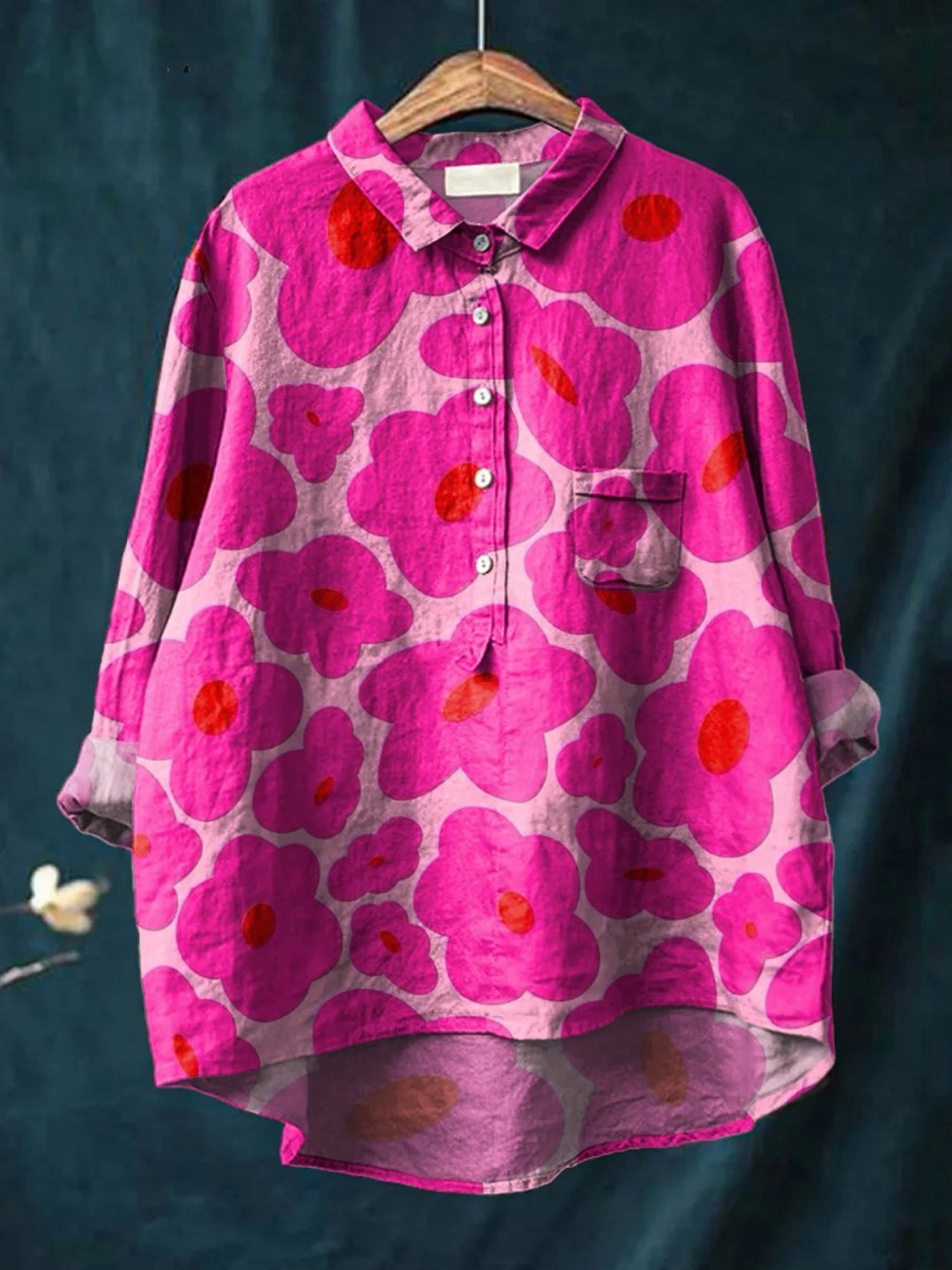 Vibrant pink floral pattern women's casual shirt with a relaxed fit, perfect for spring and summer everyday style.