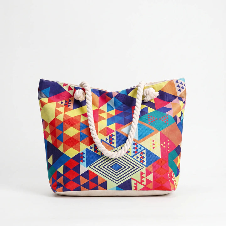 Large women's summer tote bag with a vibrant print, ideal for vacation and beach trips.