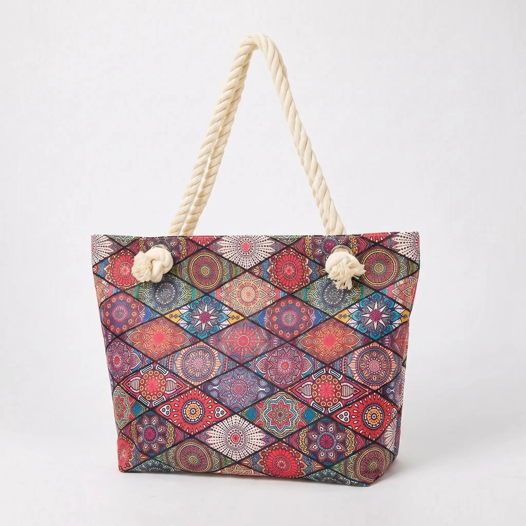 Large capacity beach shoulder bag with a vibrant print, vacation-ready for women's essentials.