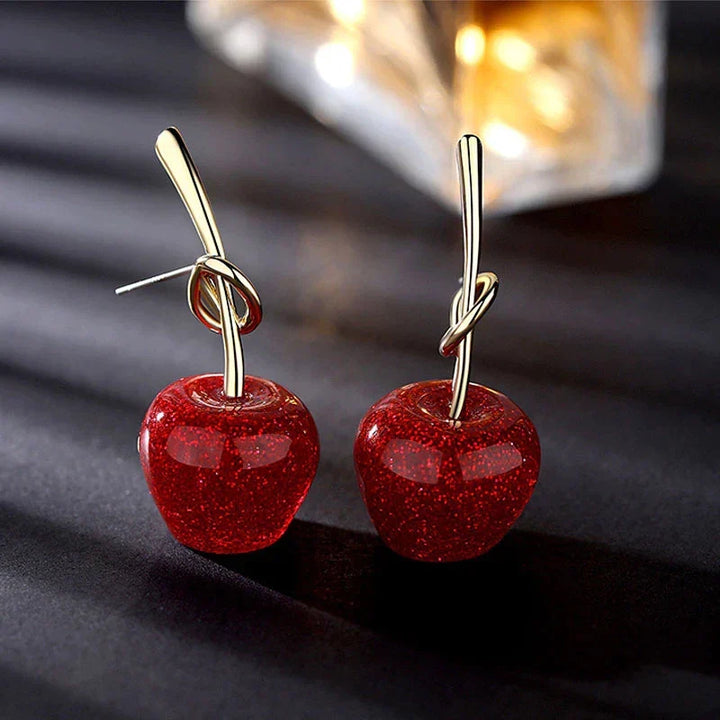 Vibrant red cherry dangle earrings for women, gold-plated, perfect for a stylish statement.