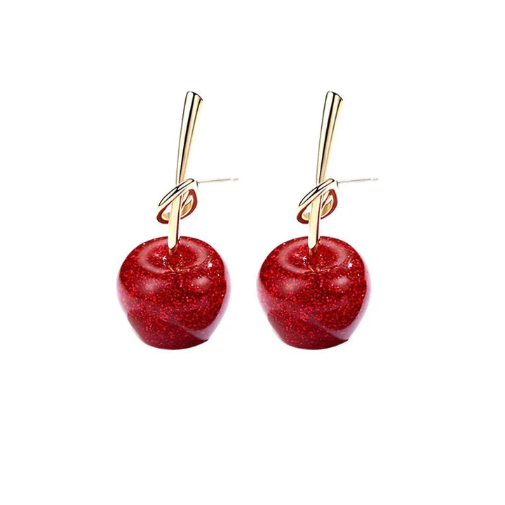 Beautiful red cherry drop earrings, fashionable accessory with vivid color for women's jewelry.