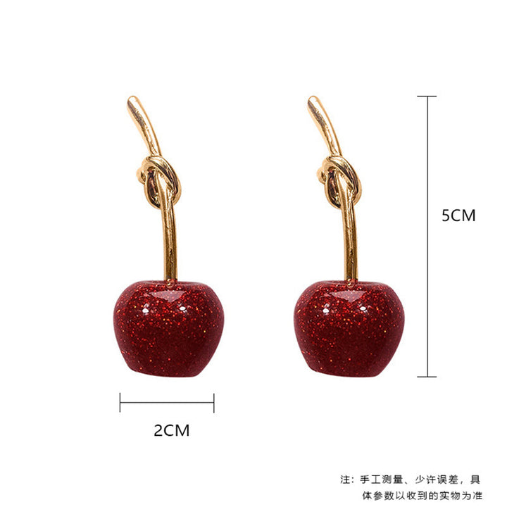 Charming gold-plated red cherry earrings, vibrant dangle accessory for women, perfect gift idea.