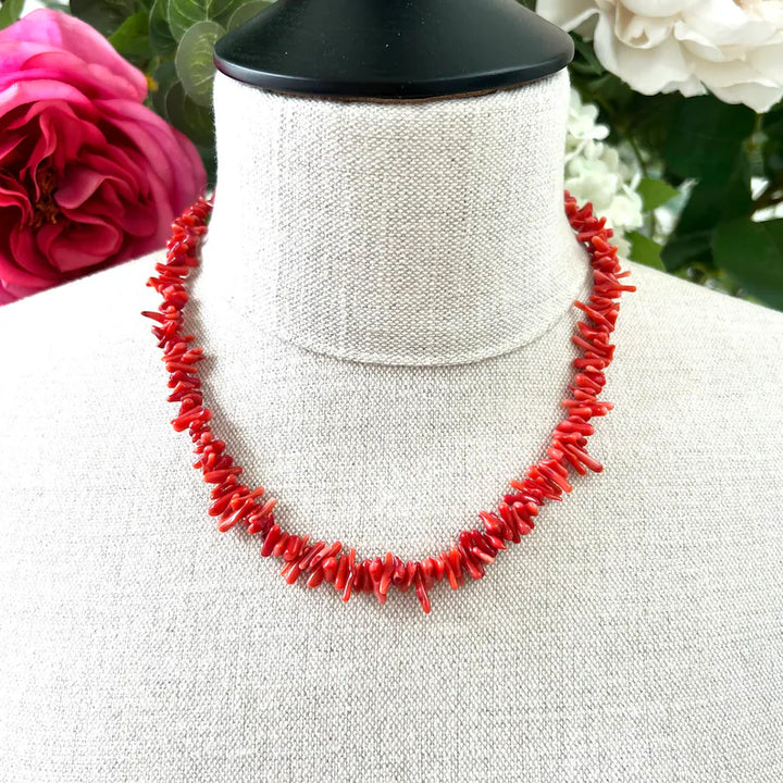 Women's stunning red coral bead necklace. Elegant beaded gemstone jewelry, a vibrant fashion accessory & gift for her.