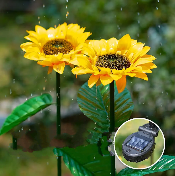 Close-up of a vibrant solar sunflower garden lamp in daylight, ready to light up outdoor pathways efficiently.
