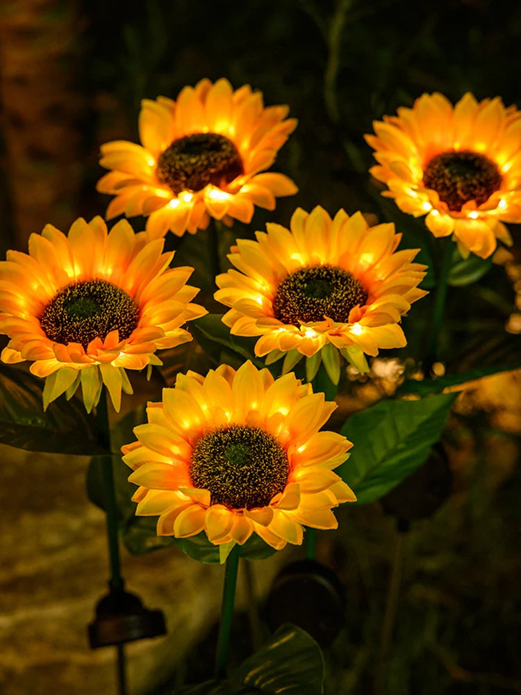 Eco-friendly solar sunflower garden lamp, waterproof pathway light, perfect for outdoor ambiance & decor.