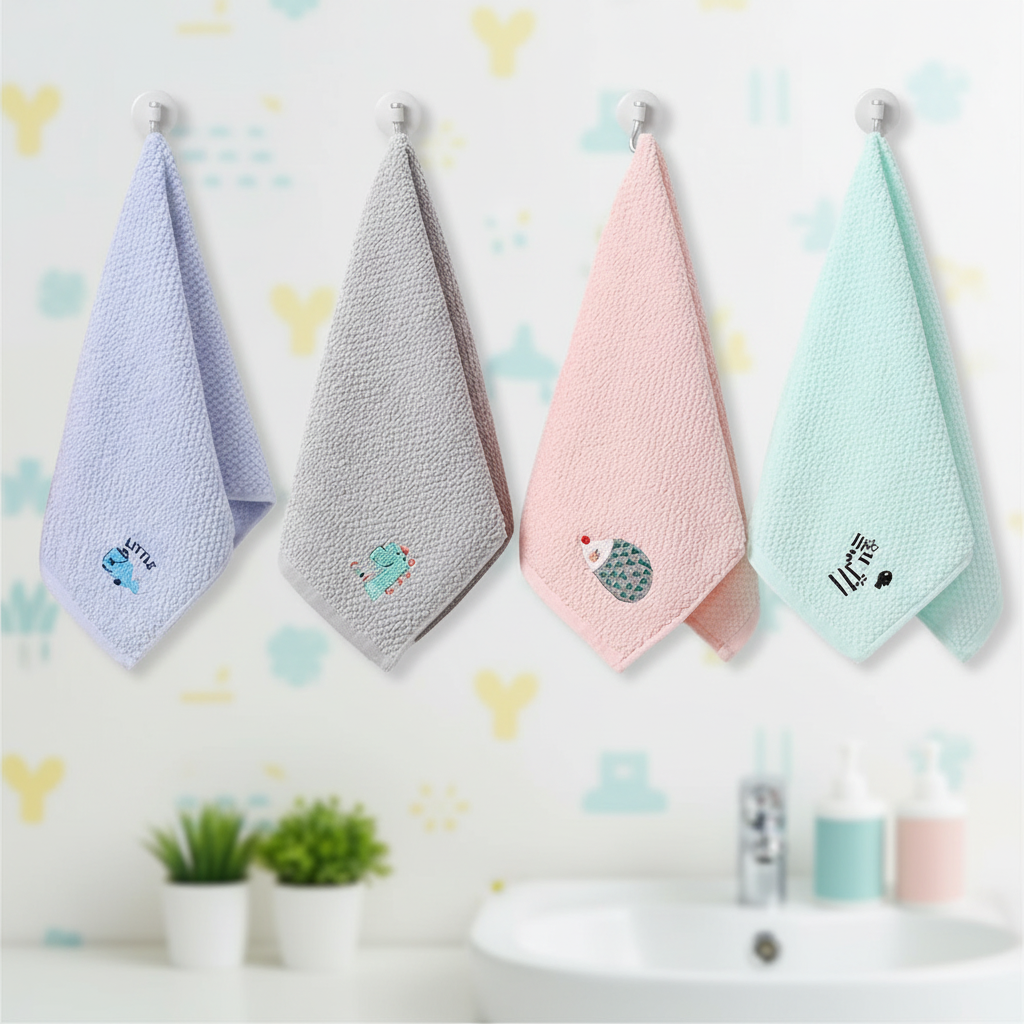 Vibrant trio of kids' soft cotton hand towels, perfect for playful hygiene in various colors.