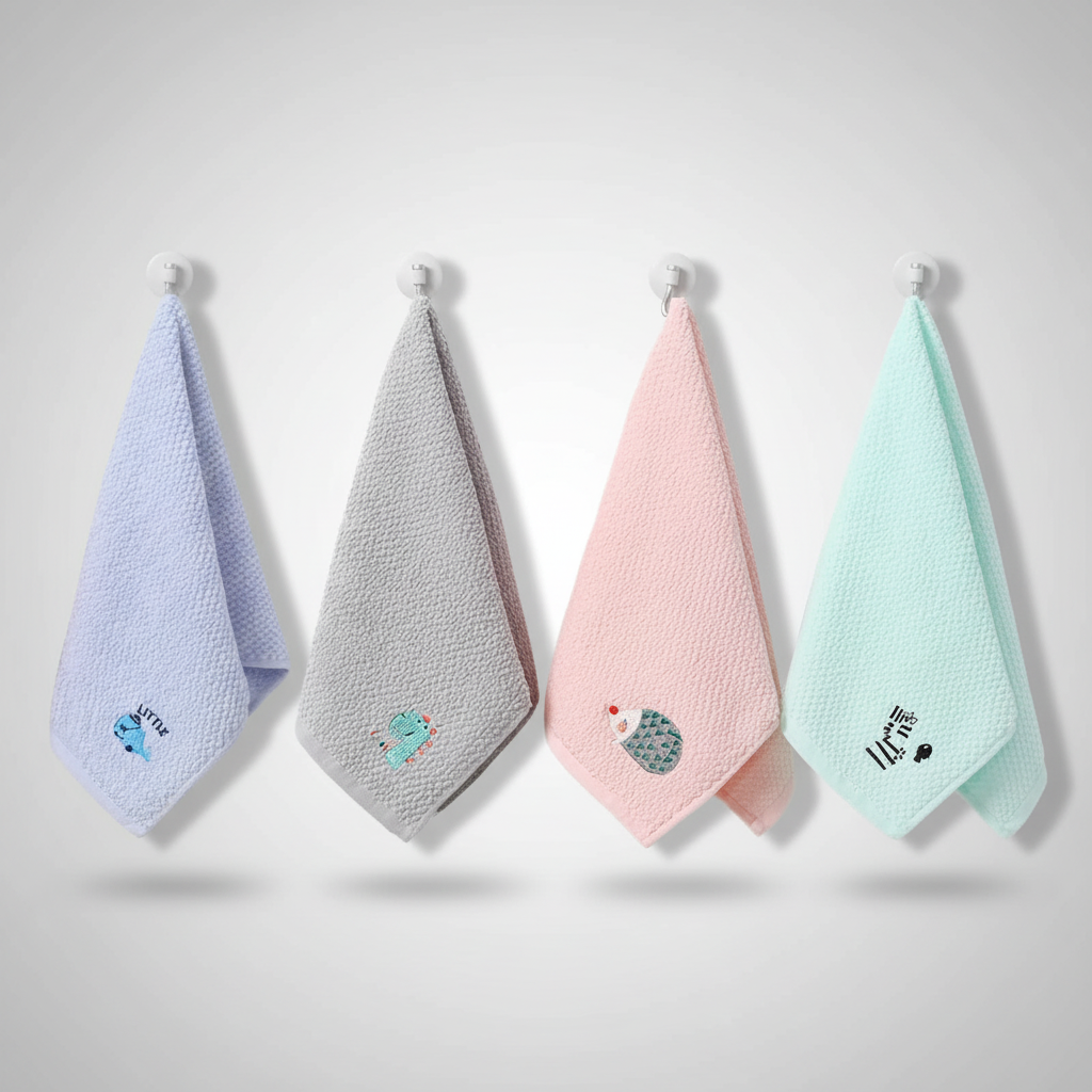 Close-up of a blue kids' soft cotton hand towel with playful texture, ideal for children's hygiene.