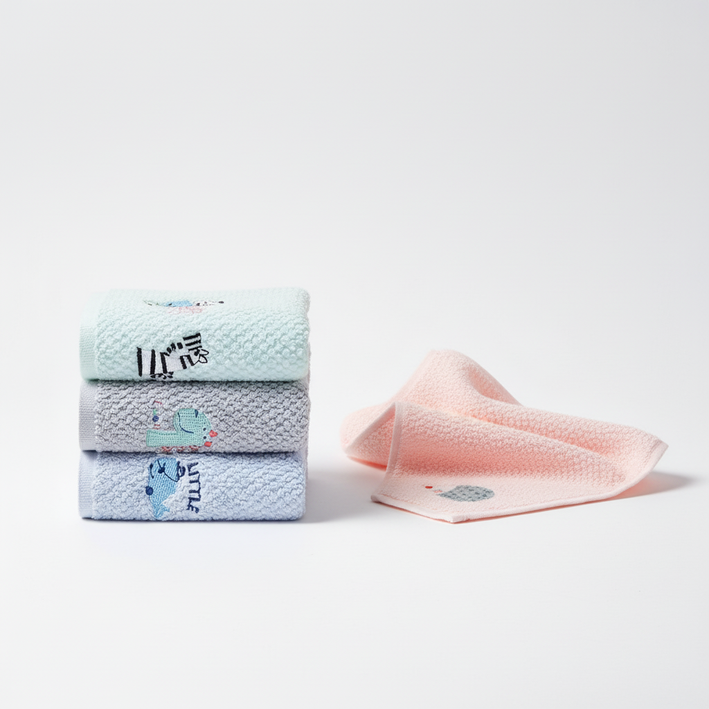 Child reaching for a soft pink cotton hand towel, promoting playful hygiene for children at home.