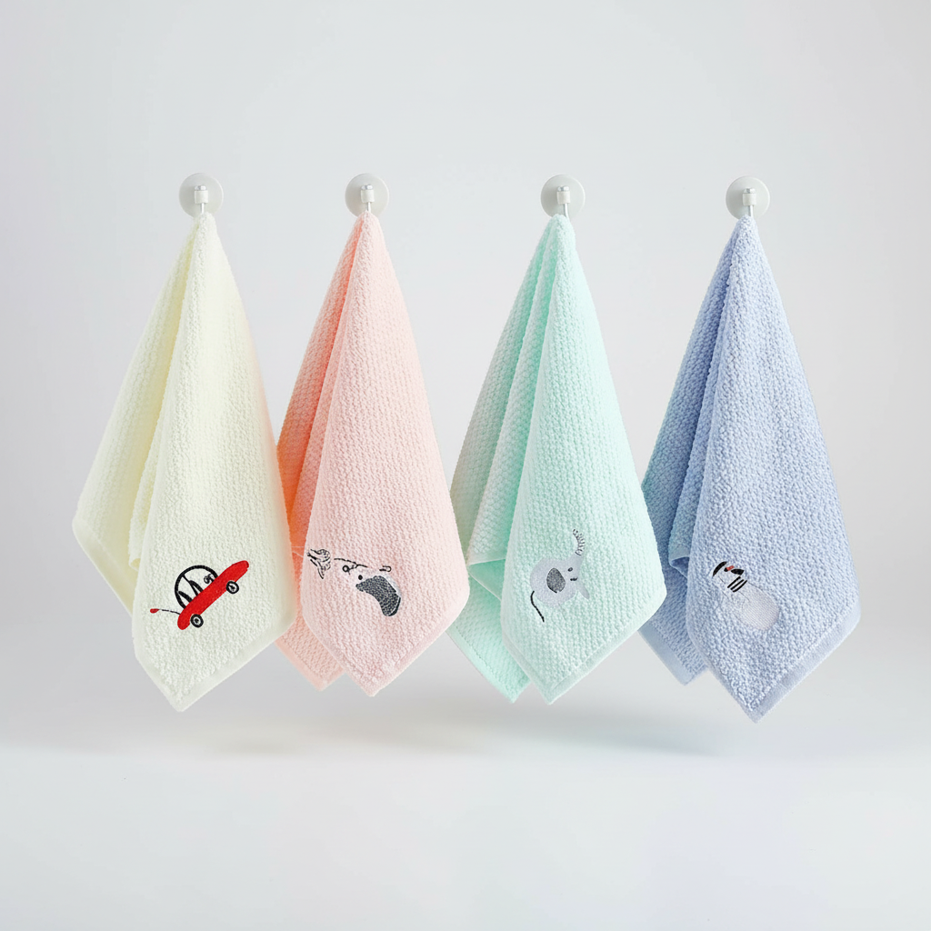 Assorted kids' soft cotton hand towels in various colors, essential bath accessories for playful children.