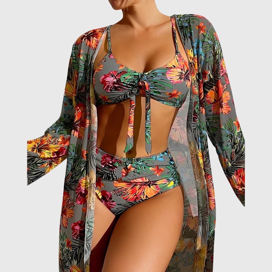 Stylish women's tropical botanical print bikini. Flattering two-piece swimsuit, ideal summer beachwear for vacation.