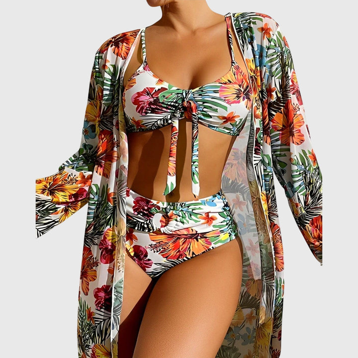 Vacation-ready women's two-piece tropical print bikini. Vibrant summer swimwear & beach outfit for poolside fun.