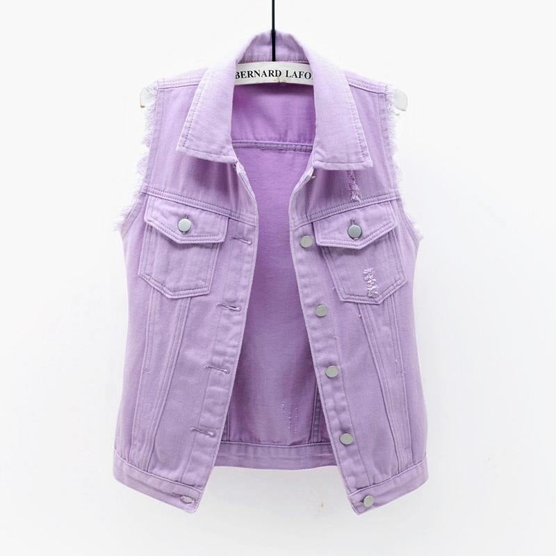 Comfortable unisex sleeveless denim vest, a vibrant statement piece for casual fashion & outerwear layering.