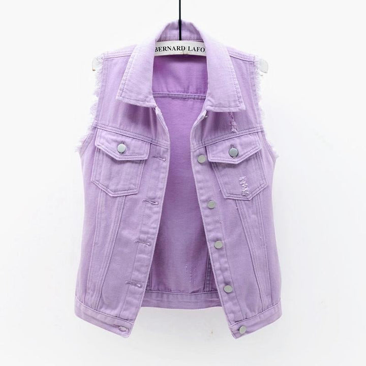 Comfortable unisex sleeveless denim vest, a vibrant statement piece for casual fashion & outerwear layering.