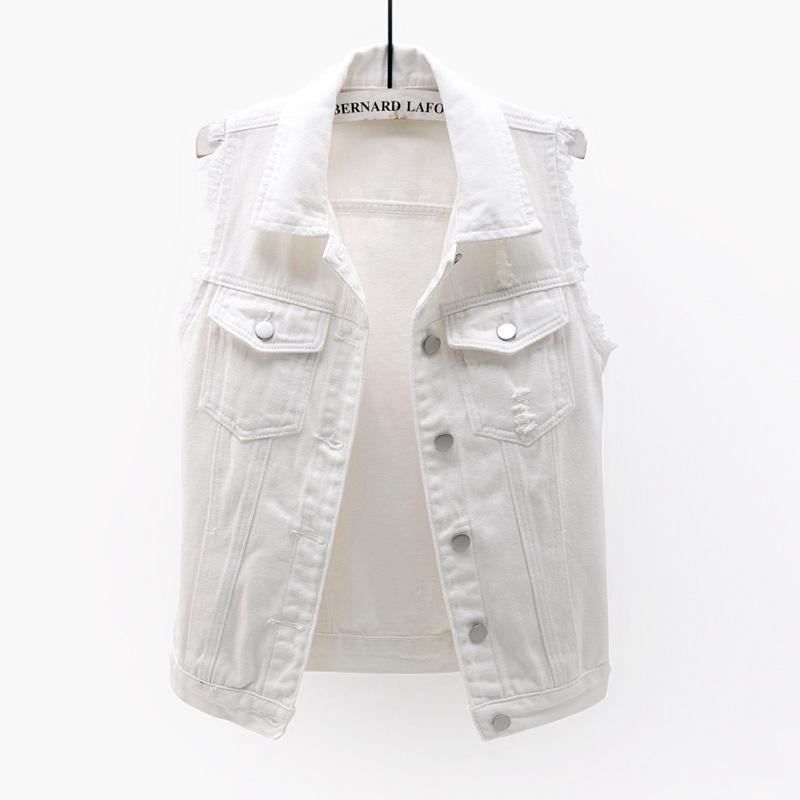 Colorful & vibrant unisex denim statement vest, a bold sleeveless fashion piece for expressive streetwear style.