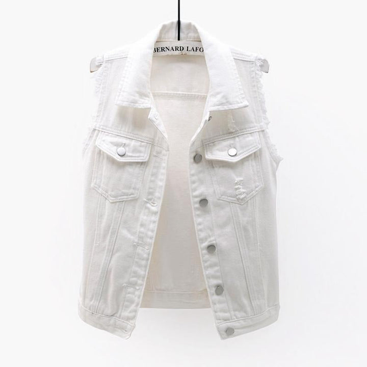 Colorful & vibrant unisex denim statement vest, a bold sleeveless fashion piece for expressive streetwear style.