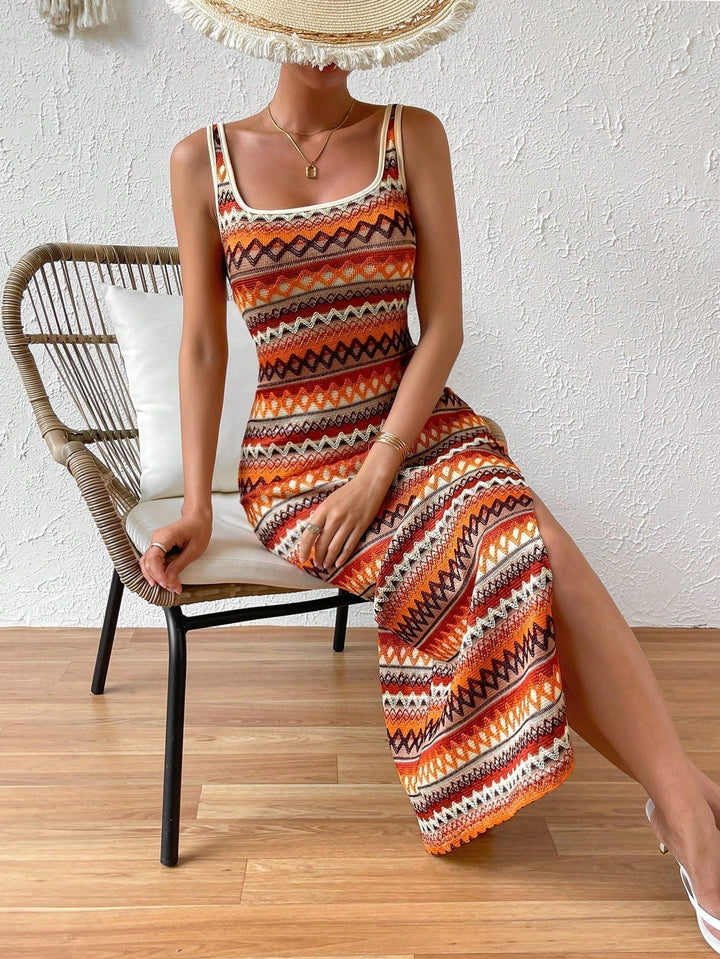 Sleeveless women's vibrant bohemian beach dress. Ibiza style, loose fit, perfect for summer festival wear.