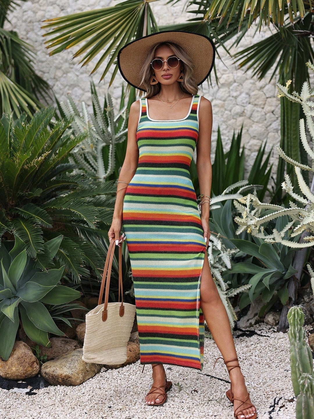 Vibrant bohemian beach dress for women. Ibiza style, loose fit, sleeveless, essential summer fashion.