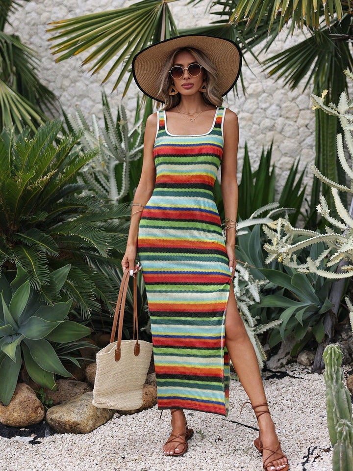 Vibrant bohemian beach dress for women. Ibiza style, loose fit, sleeveless, essential summer fashion.