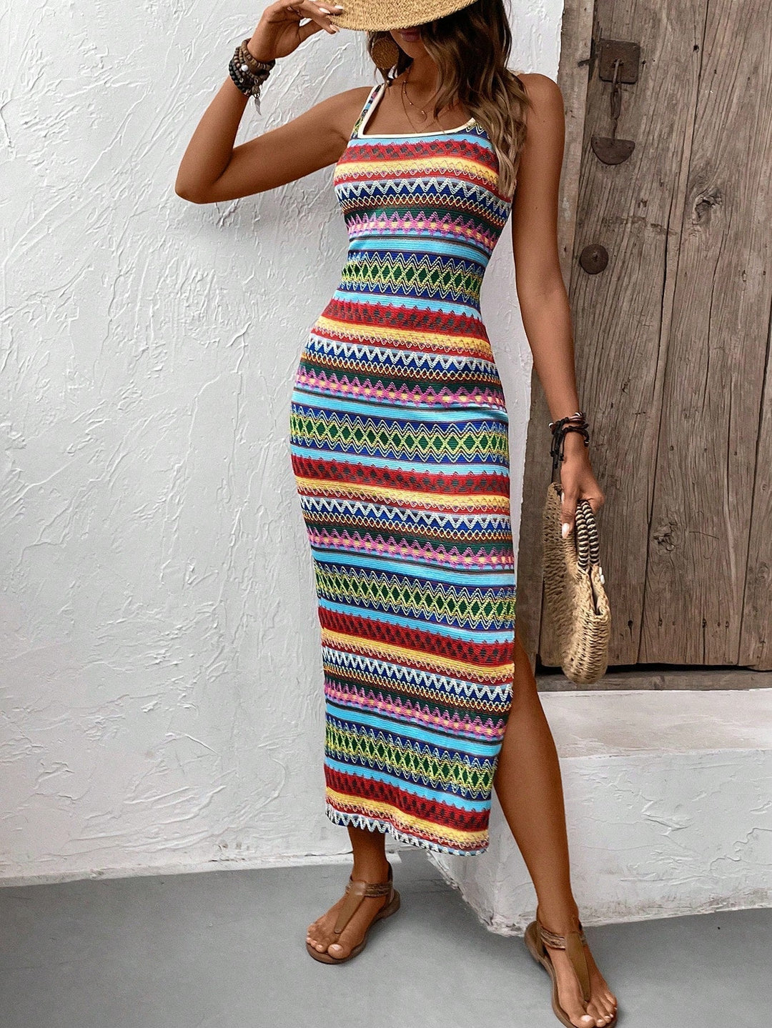 Vibrant women's summer bohemian dress. Ibiza style, loose fit beachwear, ideal for holidays & festivals.