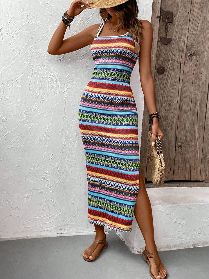 Vibrant women's summer bohemian dress. Ibiza style, loose fit beachwear, ideal for holidays & festivals.