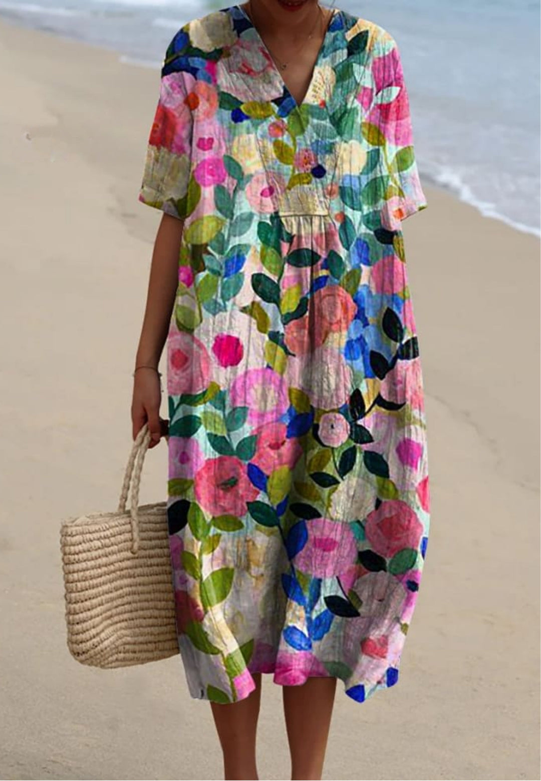 Vibrant Women's Floral Garden Print Flowy A-Line Dress. Perfect summer casual or boho spring fashion.