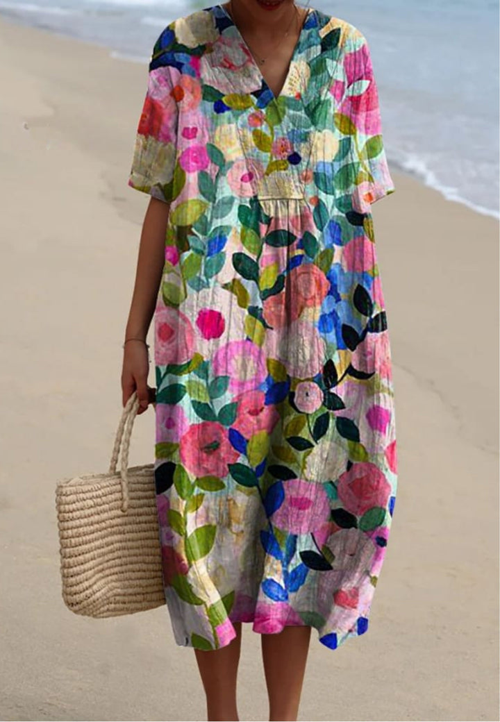 Vibrant Women's Floral Garden Print Flowy A-Line Dress. Perfect summer casual or boho spring fashion.