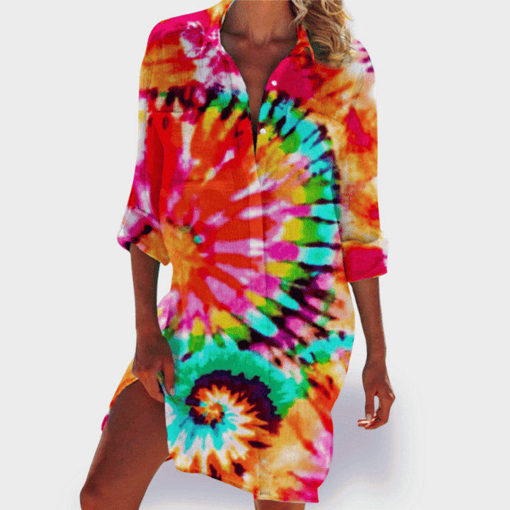 Vibrant women's flowy draped midi dress. Elegant & comfortable relaxed fit, perfect for summer casual style.