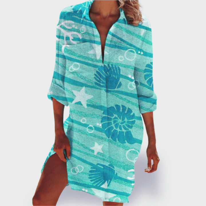 Colorful flowy women's midi dress. Draped design, comfortable and casual summer style, also available in plus size.