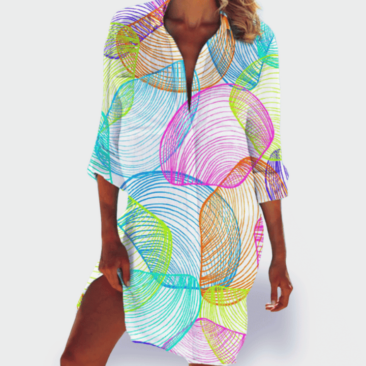 Plus size women's vibrant flowy draped midi dress. Comfortable & elegant, perfect for summer casual style.