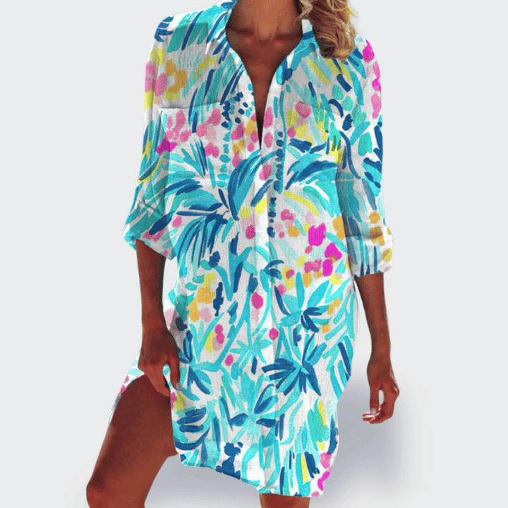 Relaxed fit women's flowy draped midi dress. Vibrant, comfortable & elegant for summer casual style.