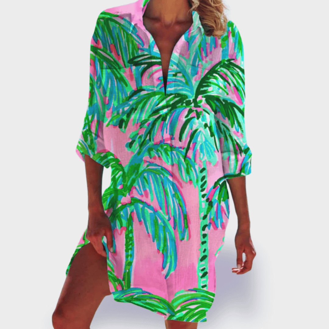 Draped midi women's flowy dress in vibrant colors. Elegant and comfortable for a casual summer style.