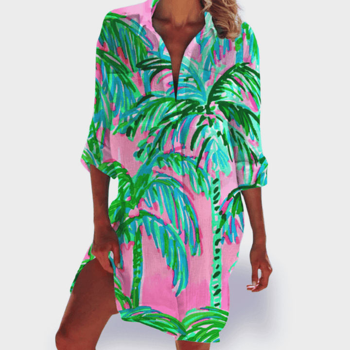 Draped midi women's flowy dress in vibrant colors. Elegant and comfortable for a casual summer style.