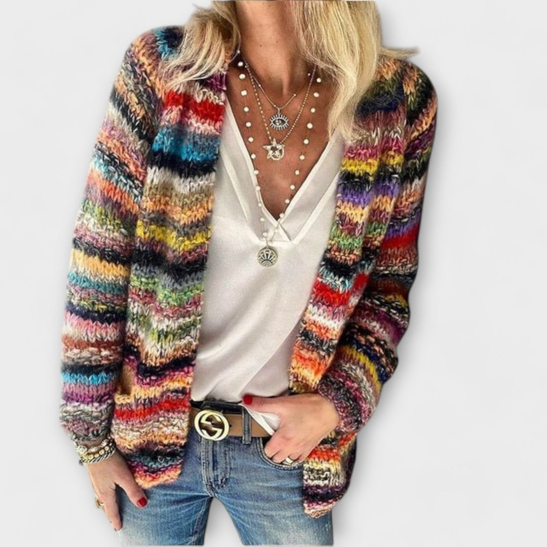 Vibrant women's open-front layering cardigan for cozy casual wear, perfect for fall and spring fashion.