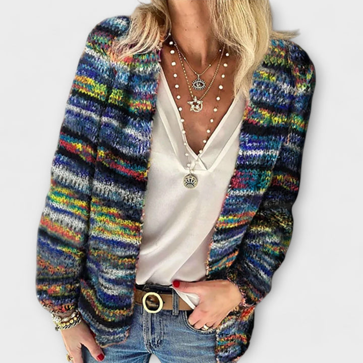 Colorful women's lively open-front cardigan, a comfortable layering piece for everyday style and comfort.