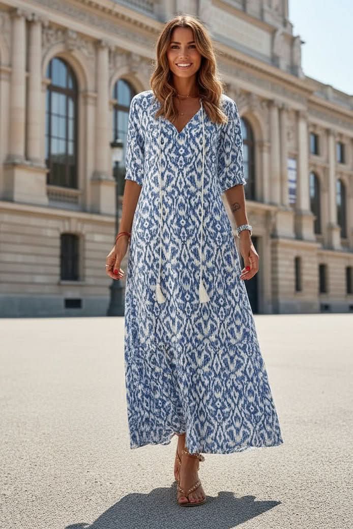 Vibrant women's summer maxi dress with a flowy design, perfect for elegant casual wear or vacation.