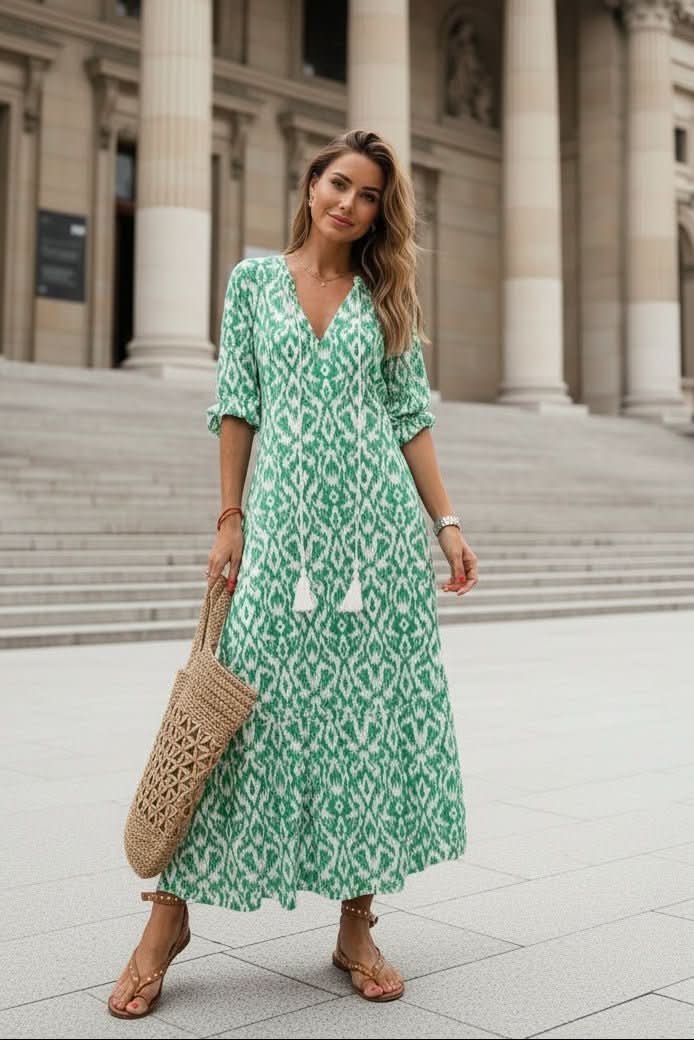 Colorful flowy maxi dress for women, showcasing vibrant summer style, comfortable for any casual occasion.