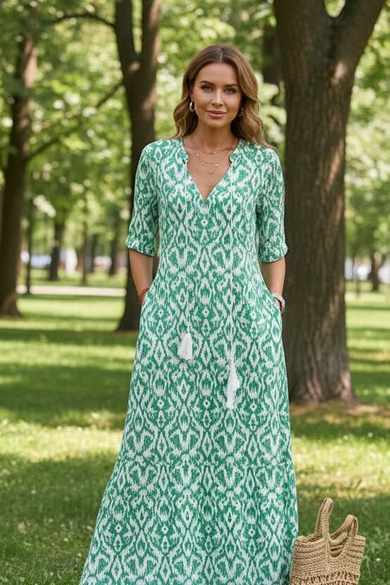 Women's vibrant patterned maxi dress, an elegant casual summer outfit for effortless day wear.