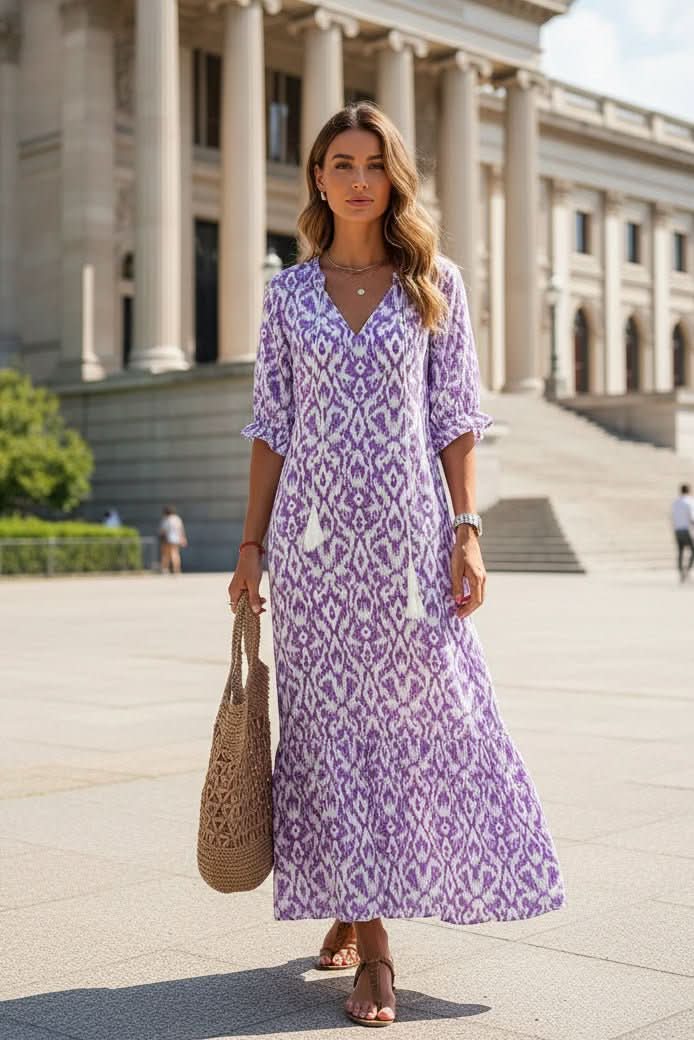 Stylish women's vibrant maxi dress, a perfect summer vacation outfit with a flowy, elegant design.