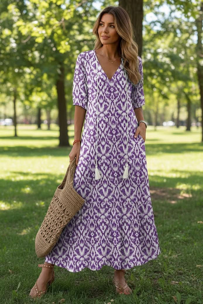 Effortless women's colorful maxi dress, a vibrant summer style for elegant casual and vacation fashion.