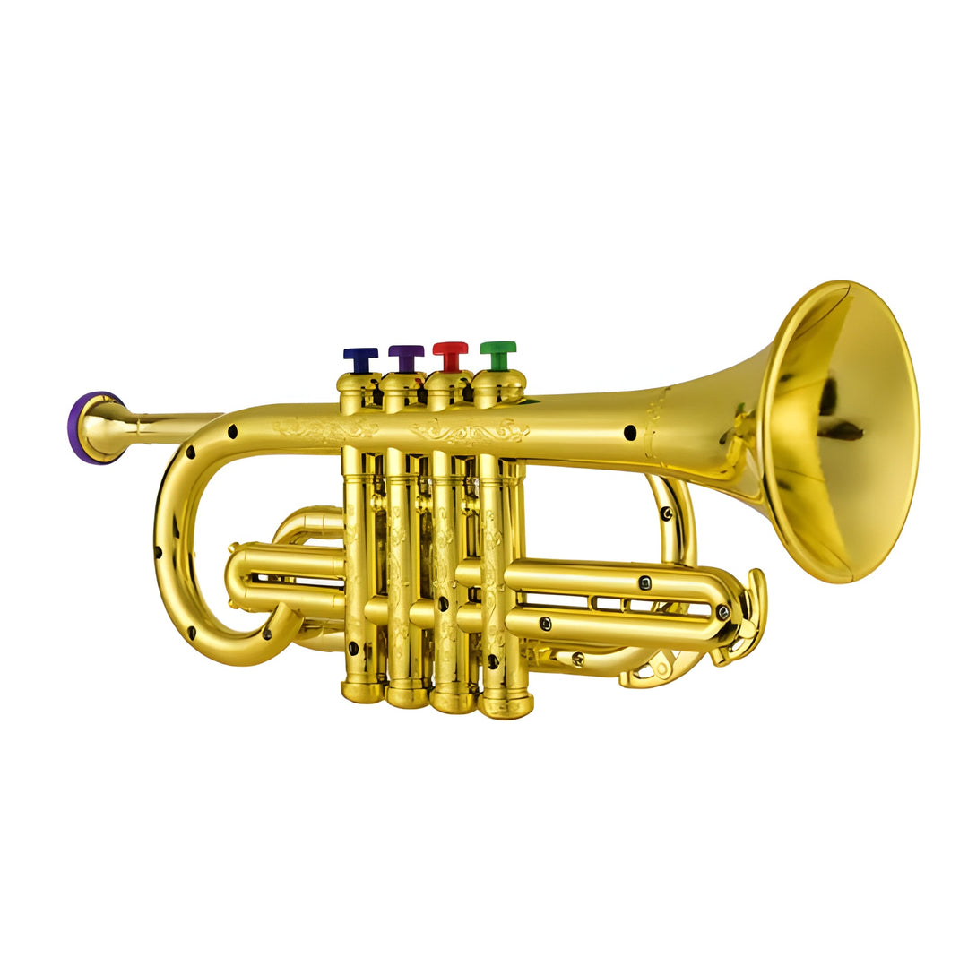 Vibrant yellow kids' musical trumpet toy for toddlers, an early learning instrument promoting coordination & music love.