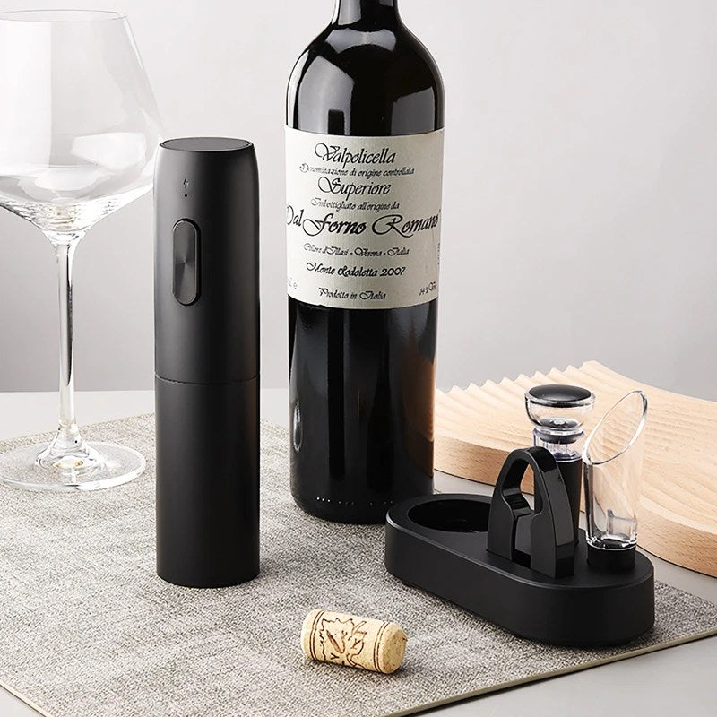 VinoEase automatic electric wine opener corkscrew, rechargeable for effortless bottle opening. Great bar accessory.