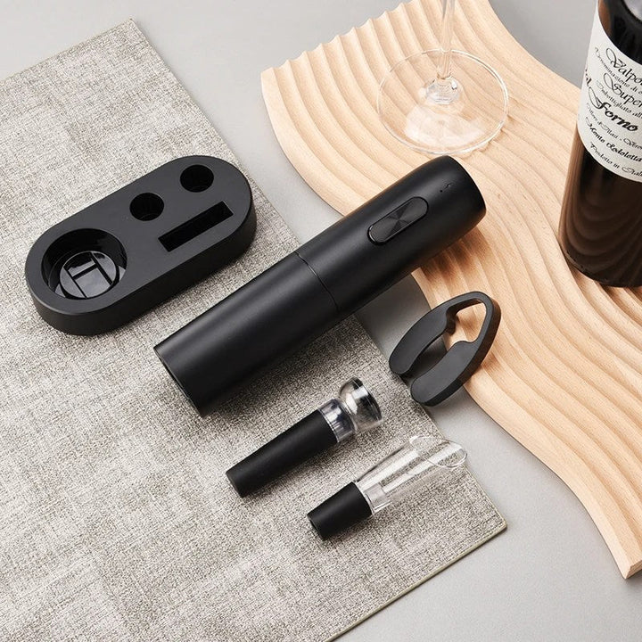 Sleek electric wine bottle opener & corkscrew. Essential automatic wine accessory for home or bar. Rechargeable.