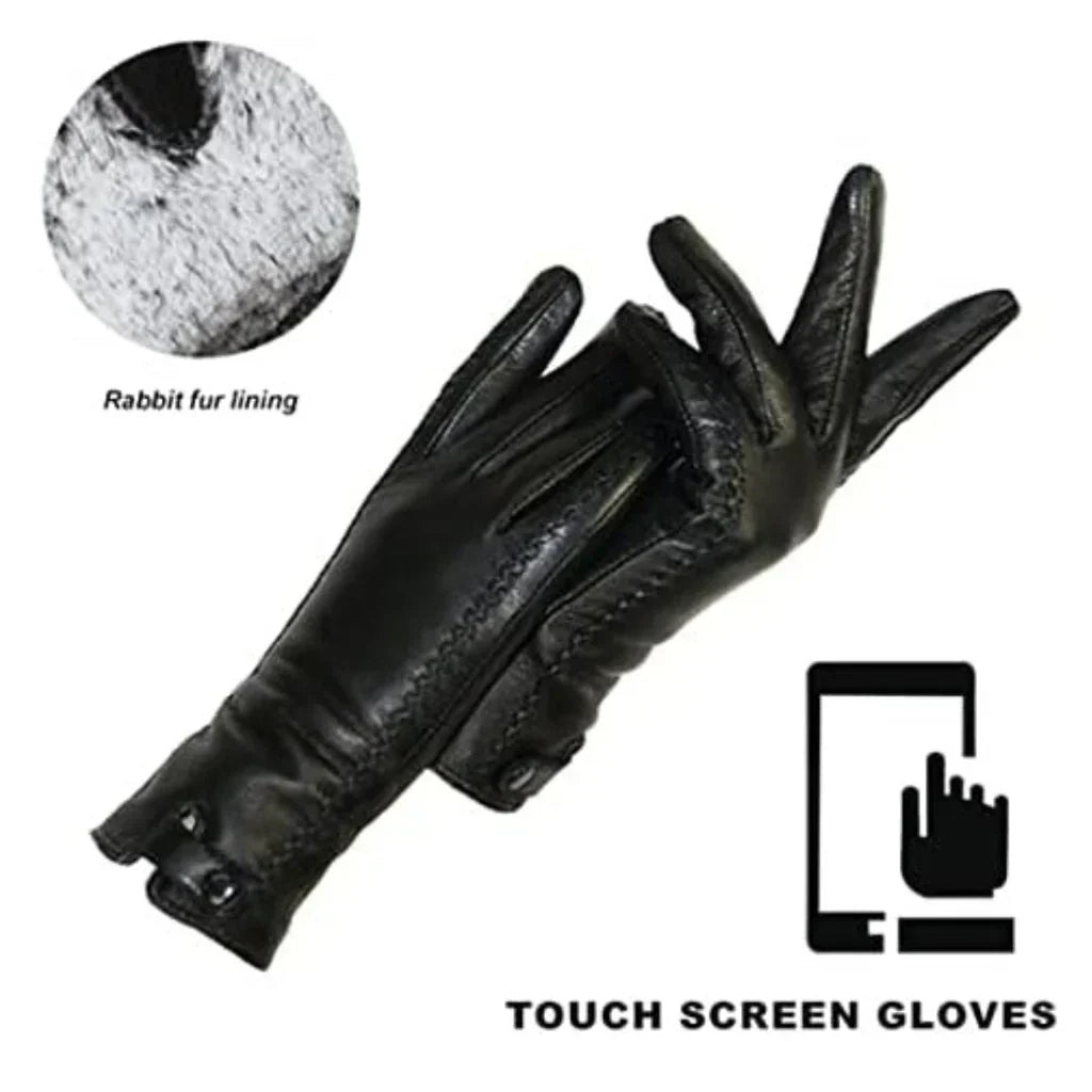Luxurious vintage leather women's gloves with a warm rabbit fur lining, stylish and cozy for winter fashion.