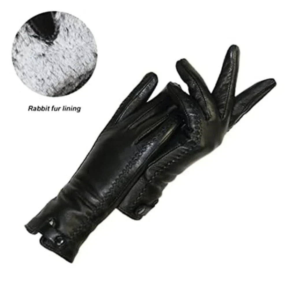 Ladies vintage leather gloves, warm for winter with plush lining. Retro style fashion accessory for cold weather.