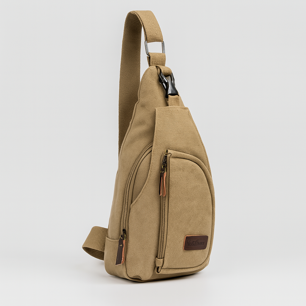 Unisex vintage chest sling bag in black/khaki nylon. Versatile crossbody shoulder pack for travel & daily carry.