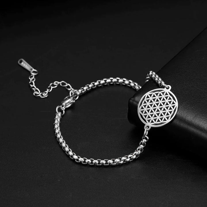 Vintage Chakra Flower of Life bracelet for women, sterling silver with healing crystals.