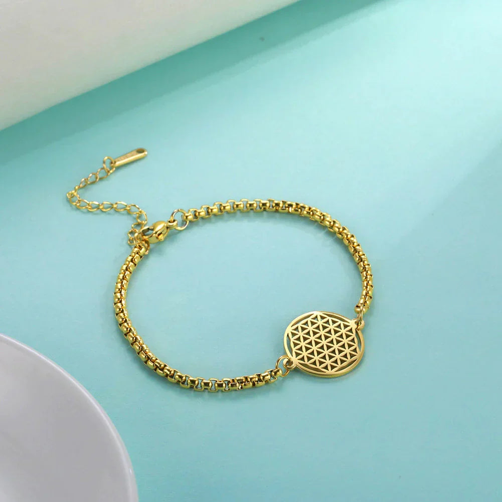 Adjustable vintage chakra bracelet for women, Flower of Life design, energy healing jewelry.