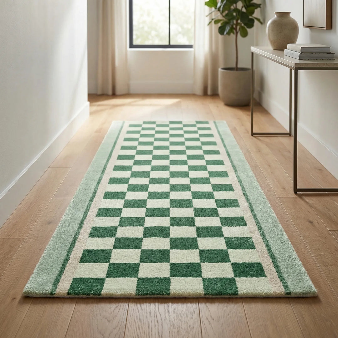 Vintage checkerboard runner rug with wave design for high-traffic areas. Non-slip hallway & kitchen floor covering.