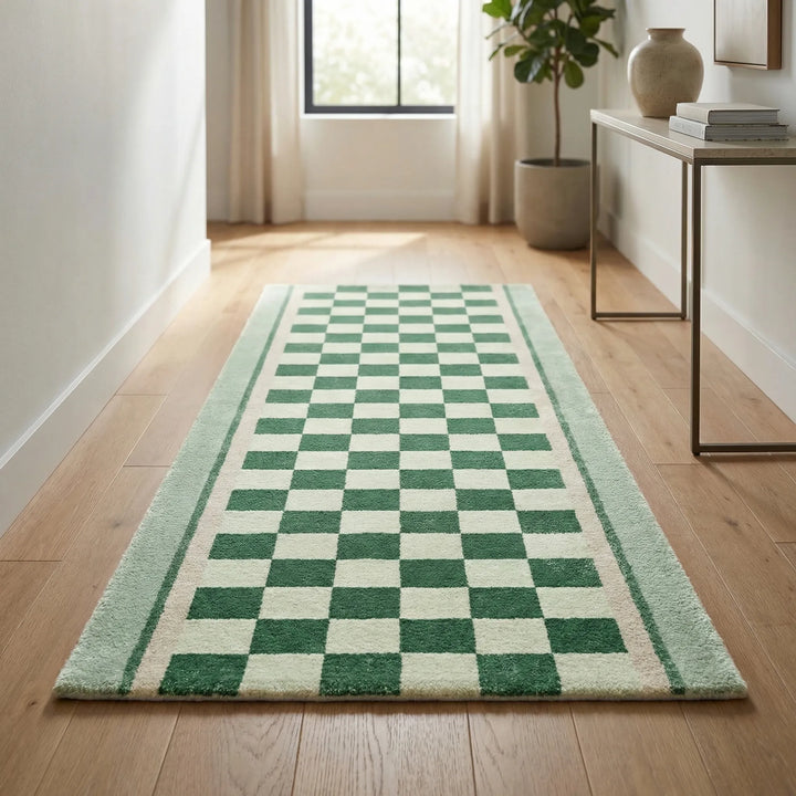 Vintage checkerboard runner rug with wave design for high-traffic areas. Non-slip hallway & kitchen floor covering.